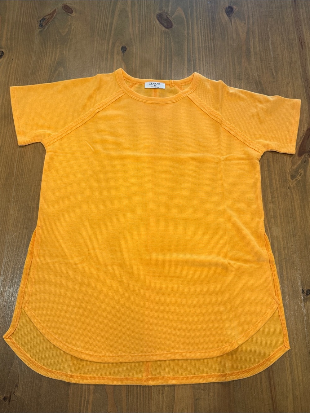 Zenana Baby Waffle Short Sleeve Slit High-Low T-Shirt golden yellow